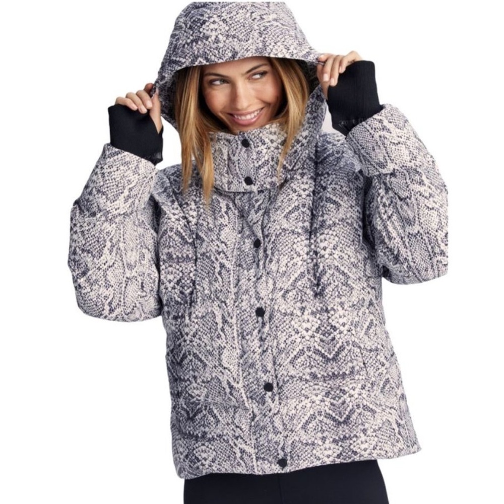 Varley x Anthropologie Highland Snake Print Hooded Puffer Jacket